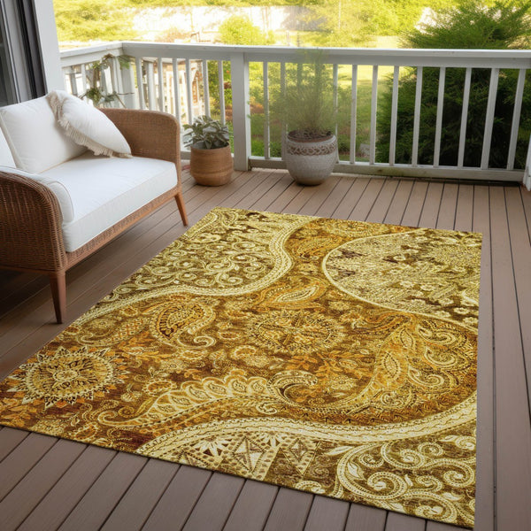 Homeroots 3' Brown Beige Tan Floral Medallion Washable Area Rug For Indoor Outdoor Spaces, Durable & Stylish 5' X 8' Polyester 603204