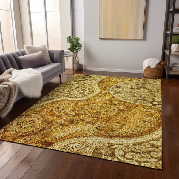 Homeroots 3' Brown Beige Tan Floral Medallion Washable Area Rug For Indoor Outdoor Spaces, Durable & Stylish 5' X 8' Polyester 603204