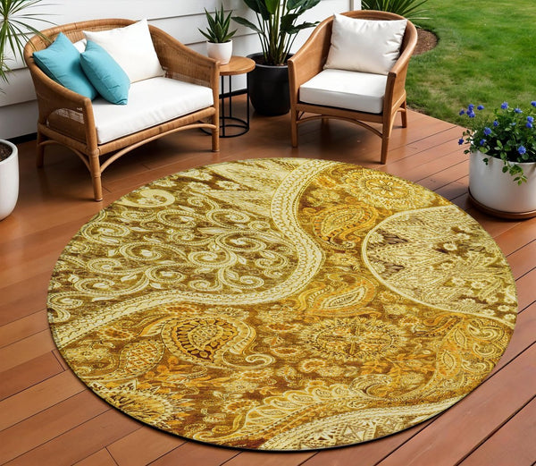 Homeroots 3' Brown Beige Tan Floral Medallion Washable Area Rug For Indoor Outdoor Spaces, Durable & Stylish 8' Round Polyester 603205