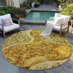 Homeroots 3' Brown Beige Tan Floral Medallion Washable Area Rug For Indoor Outdoor Spaces, Durable & Stylish 8' Round Polyester 603205