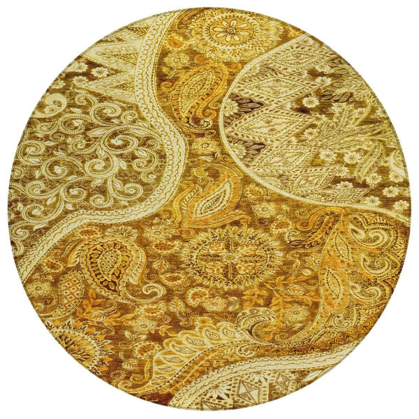 HomeRoots 5' Terra Cotta Brown & Gold Floral Medallion Rug - Stylish, Washable, Indoor/Outdoor Versatile Decor 8' Round 603205