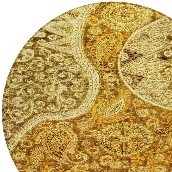 Homeroots 3' Brown Beige Tan Floral Medallion Washable Area Rug For Indoor Outdoor Spaces, Durable & Stylish 8' Round Polyester 603205