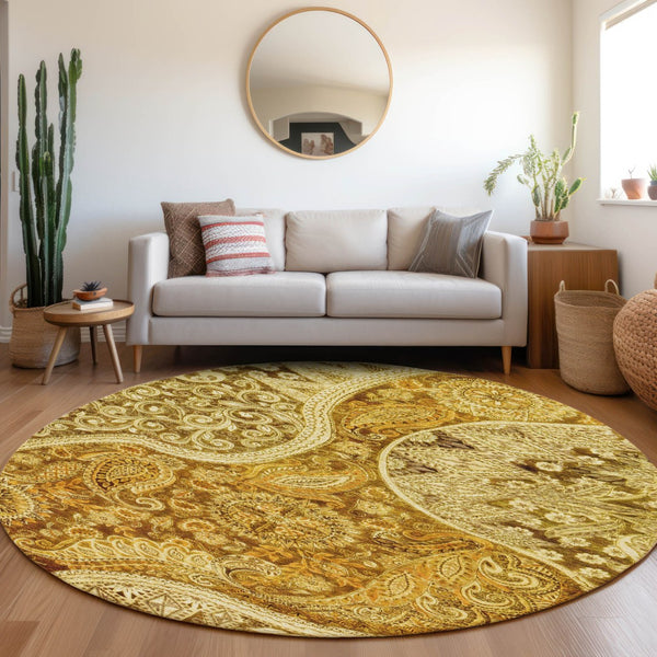 Homeroots 3' Brown Beige Tan Floral Medallion Washable Area Rug For Indoor Outdoor Spaces, Durable & Stylish 8' Round Polyester 603205