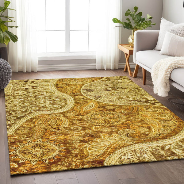 Homeroots 3' Brown Beige Tan Floral Medallion Washable Area Rug For Indoor Outdoor Spaces, Durable & Stylish 8' X 10' Polyester 603206