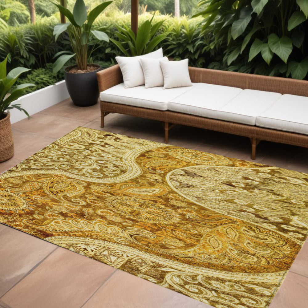 Homeroots 3' Brown Beige Tan Floral Medallion Washable Area Rug For Indoor Outdoor Spaces, Durable & Stylish 9' X 12' Polyester 603207