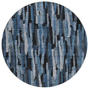 HomeRoots 5' Stylish Blue, Black & Gray Striped Washable Area Rug for Indoor & Outdoor High-Traffic Spaces 8' Round 603217