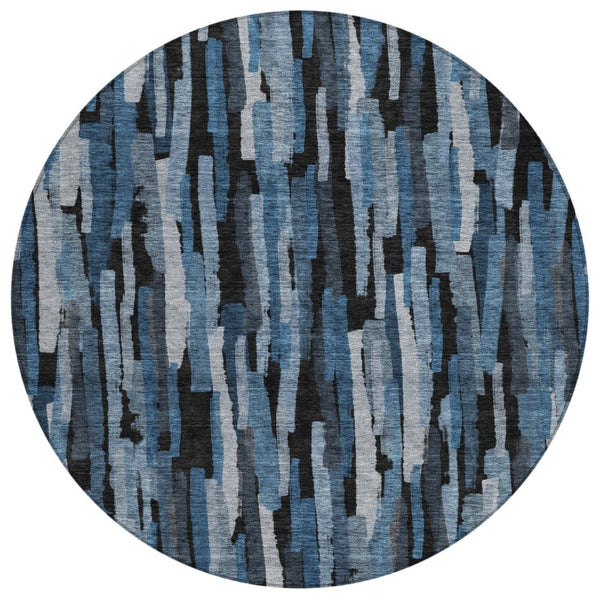 HomeRoots 5' Stylish Blue, Black & Gray Striped Washable Area Rug for Indoor & Outdoor High-Traffic Spaces 8' Round 603217
