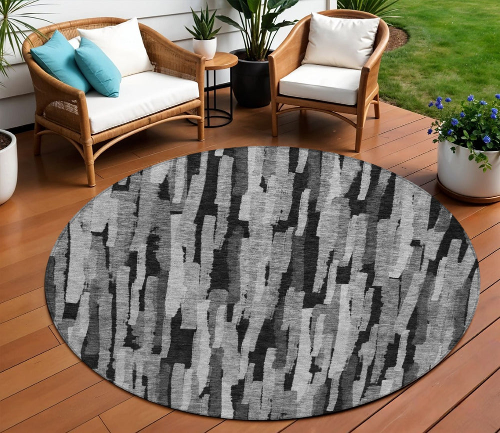 HomeRoots 5' Striped Gray and Black Washable Area Rug - Durable, Stylish, Indoor/Outdoor, Machine Washable Design 8' Round 603223
