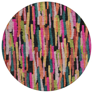 HomeRoots 5' Striped Washable Area Rug in Pink, Black, and Green - Perfect for Indoor and Outdoor Spaces! 8' Round 603229