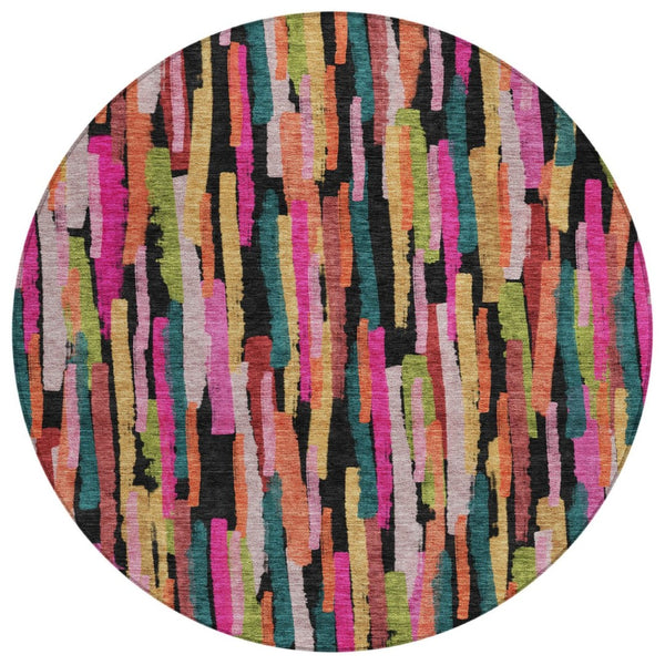 HomeRoots 5' Striped Washable Area Rug in Pink, Black, and Green - Perfect for Indoor and Outdoor Spaces! 8' Round 603229
