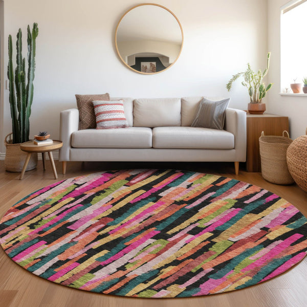 Homeroots 3'' Striped Washable Indoor Outdoor Area Rug - Durable, Stain Resistant, Perfect For High Traffic Spaces 8' Round Polyester 603229