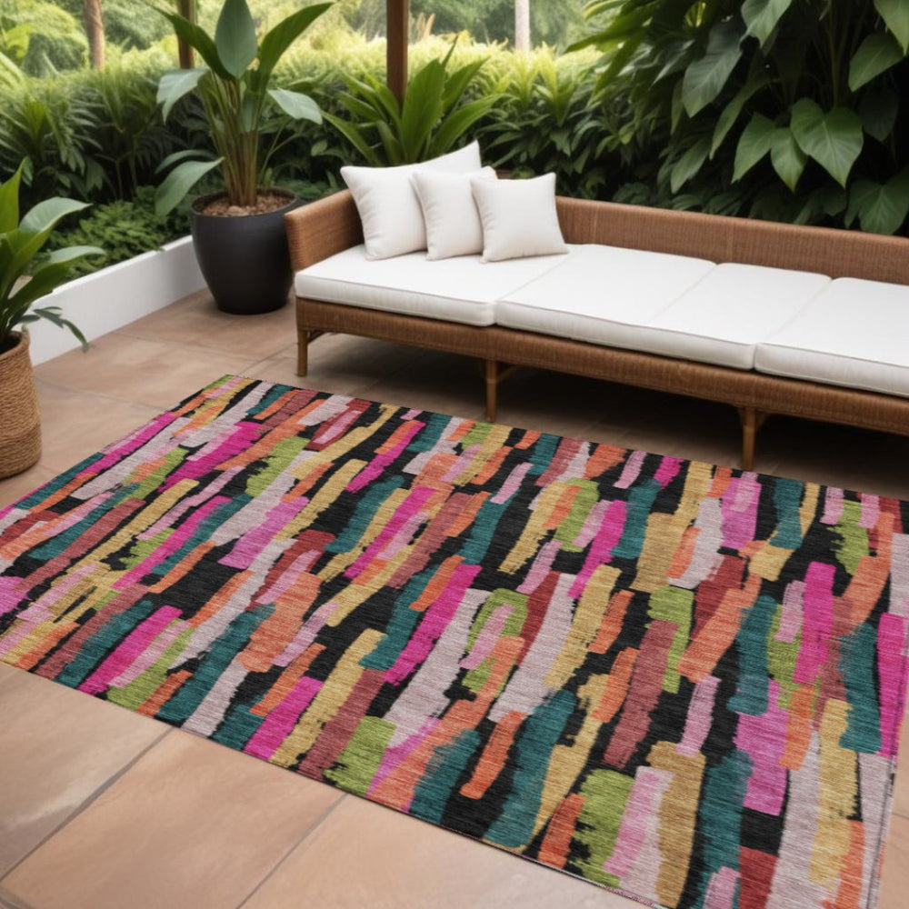 HomeRoots 5' Striped Washable Area Rug in Pink, Black, and Green - Perfect for Indoor and Outdoor Spaces! 10' X 14' 603232