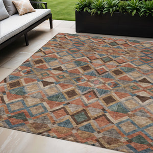 Homeroots 3' Stylish Brown Gray Tan Geometric Washable Area Rug For Indoor Outdoor Spaces, Durable & Chic 5' X 8' Polyester 603234