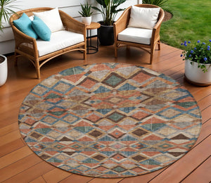 Homeroots 3' Stylish Brown Gray Tan Geometric Washable Area Rug For Indoor Outdoor Spaces, Durable & Chic 8' Round Polyester 603235