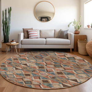 Homeroots 3' Stylish Brown Gray Tan Geometric Washable Area Rug For Indoor Outdoor Spaces, Durable & Chic 8' Round Polyester 603235