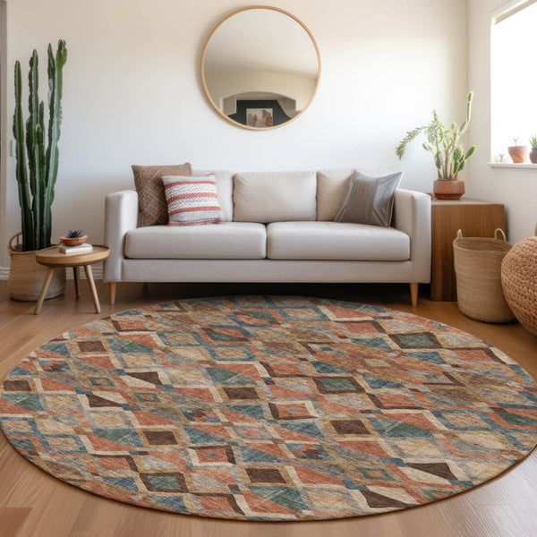 Homeroots 3' Stylish Brown Gray Tan Geometric Washable Area Rug For Indoor Outdoor Spaces, Durable & Chic 8' Round Polyester 603235