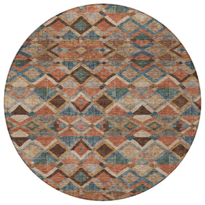 Homeroots 3' Stylish Brown Gray Tan Geometric Washable Area Rug For Indoor Outdoor Spaces, Durable & Chic 8' Round Polyester 603235