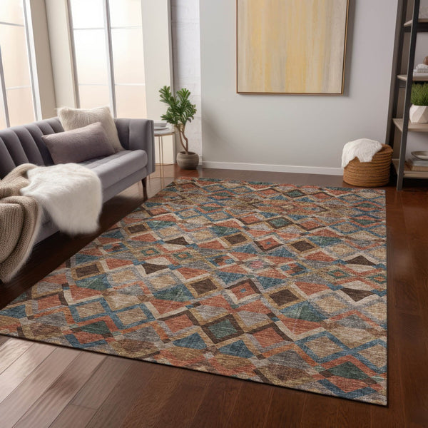 Homeroots 3' Stylish Brown Gray Tan Geometric Washable Area Rug For Indoor Outdoor Spaces, Durable & Chic 8' X 10' Polyester 603236