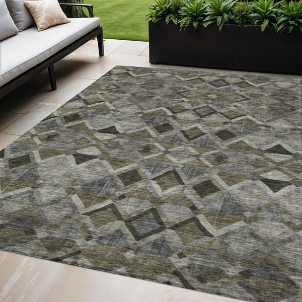 Homeroots 3' Stylish Brown Gray Tan Geometric Washable Area Rug For Indoor Outdoor Spaces, Durable & Chic 5' X 8' Polyester 603240