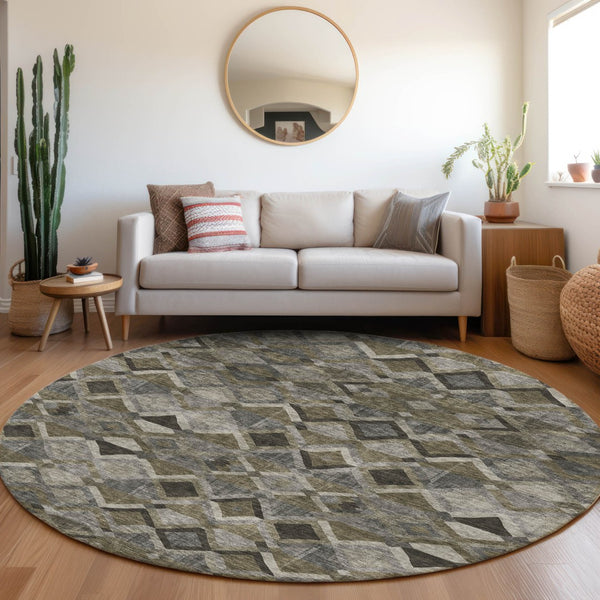Homeroots 3' Stylish Brown Gray Tan Geometric Washable Area Rug For Indoor Outdoor Spaces, Durable & Chic 8' Round Polyester 603241