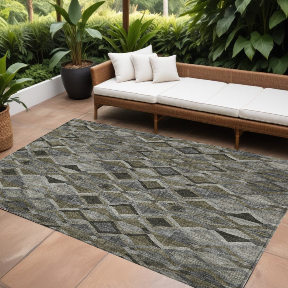 Homeroots 3' Stylish Brown Gray Tan Geometric Washable Area Rug For Indoor Outdoor Spaces, Durable & Chic 9' X 12' Polyester 603243