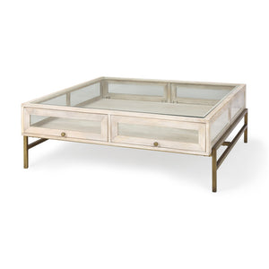 HomeRoots 44" Off White Vintage Glass Top Coffee Table with Gold Accents & Shadowbox Storage for Your Home 603246