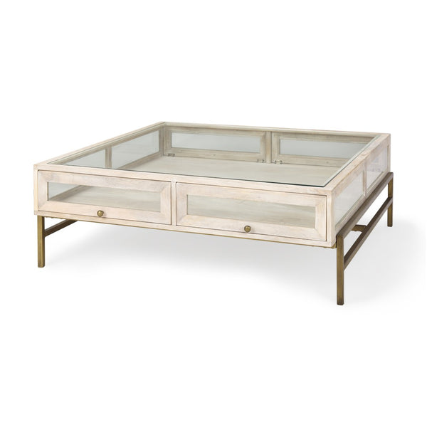 HomeRoots 44" Off White Vintage Glass Top Coffee Table with Gold Accents & Shadowbox Storage for Your Home 603246