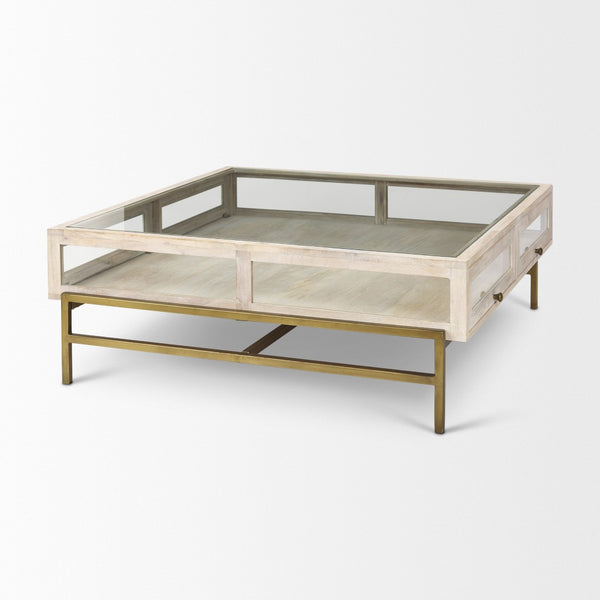 Homeroots 44" Off White Clear & Gold Storage Coffee Table With Rustic Shadowbox Design & Drawers For Living Rooms   603246