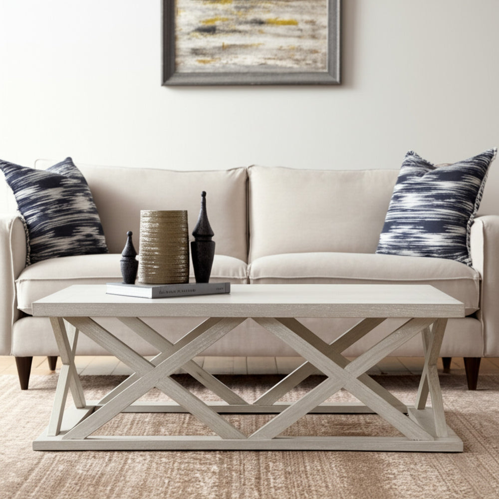 Homeroots 48" Off White Solid Wood Distressed Coffee Table With Geometric Base – Rustic Elegance For Any Room   603247