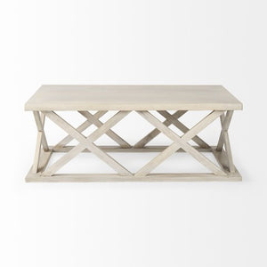 Homeroots 48" Off White Solid Wood Distressed Coffee Table With Geometric Base – Rustic Elegance For Any Room   603247