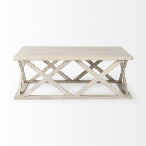 Homeroots 48" Off White Solid Wood Distressed Coffee Table With Geometric Base – Rustic Elegance For Any Room   603247