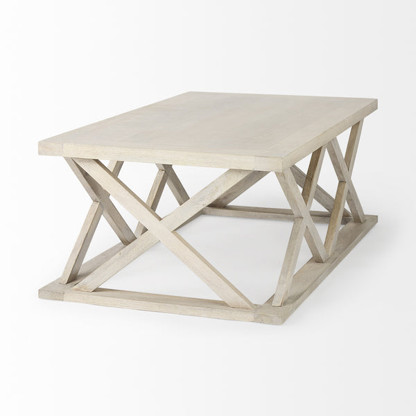 Homeroots 48" Off White Solid Wood Distressed Coffee Table With Geometric Base – Rustic Elegance For Any Room   603247