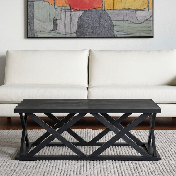 Homeroots 48" Black Solid Wood Coffee Table With Geometric Lattice Base - Stylish Accent For Any Living Room   603248
