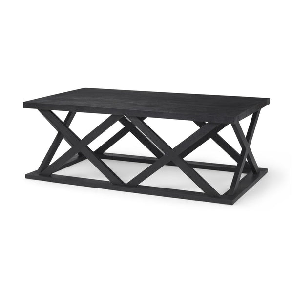 HomeRoots 48" Black Solid Wood Coffee Table with Geometric Lattice Base – Stylish Centerpiece for Any Room 603248