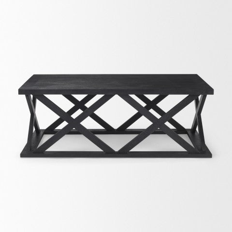 Homeroots 48" Black Solid Wood Coffee Table With Geometric Lattice Base - Stylish Accent For Any Living Room   603248