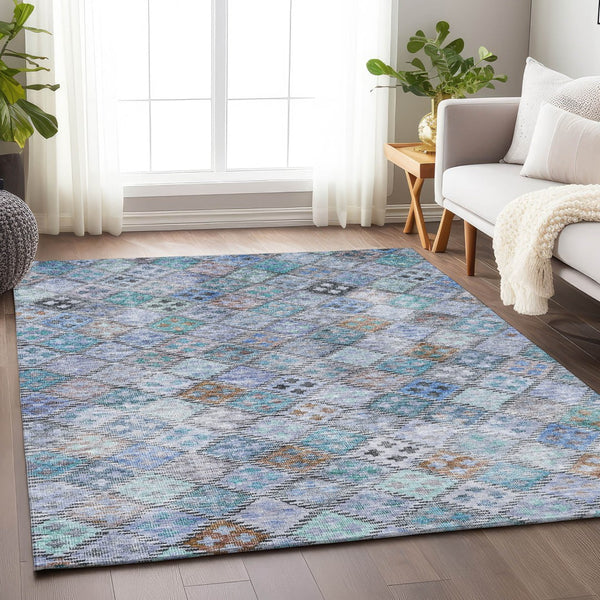 Homeroots 3' Geometric Blue Purple And Gray Washable Area Rug For Indoor And Outdoor Spaces, Durable Design 5' X 8' Polyester 603252