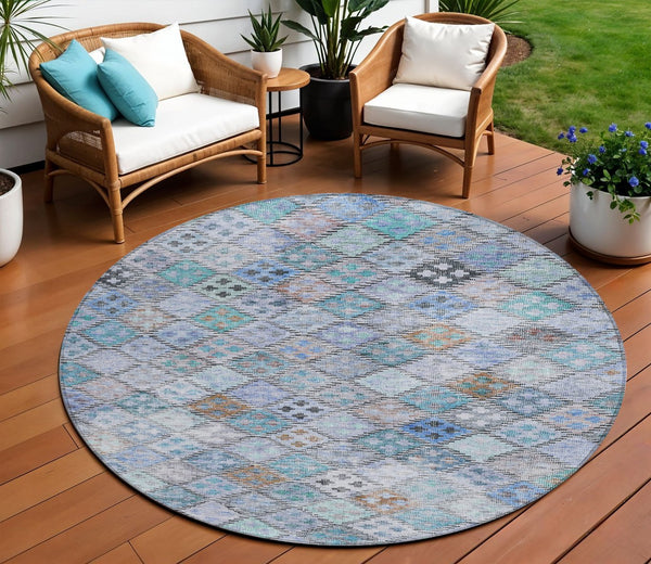 Homeroots 3' Geometric Blue Purple And Gray Washable Area Rug For Indoor And Outdoor Spaces, Durable Design 8' Round Polyester 603253