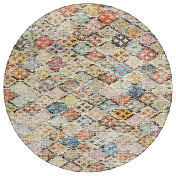HomeRoots 5' Geometric Washable Area Rug in Terra Cotta Beige & Teal Blue - Stylish, Durable & Versatile Design 8' Round 603283