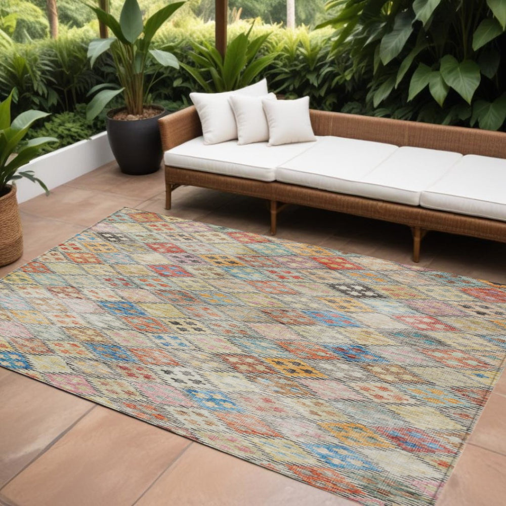 HomeRoots 9' X 12' Stylish Terra Cotta Beige and Teal Geometric Washable Area Rug for Indoor & Outdoor Use 603285