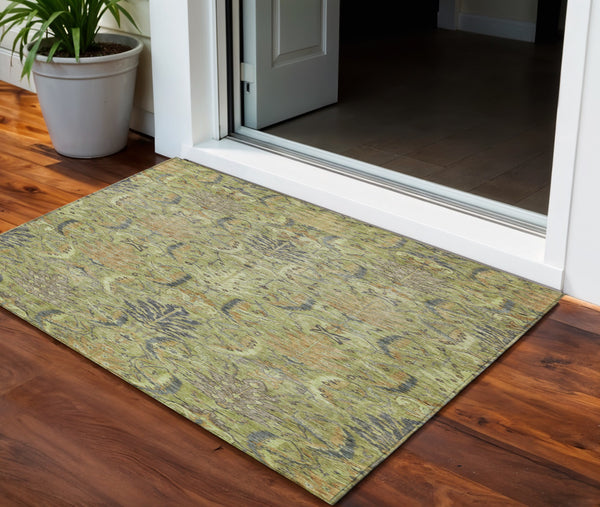 Homeroots 3' Artichoke Green Gray Tan Damask Washable Area Rug For Indoor And Outdoor Spaces, Durable Design 3' X 5' Polyester 603299