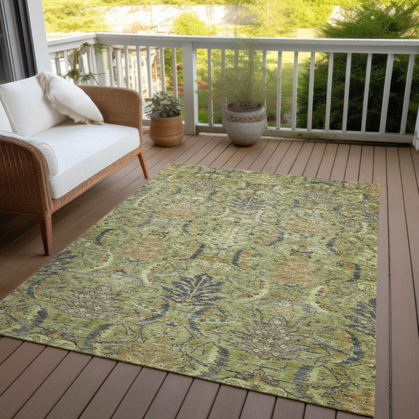 Homeroots 3' Artichoke Green Gray Tan Damask Washable Area Rug For Indoor And Outdoor Spaces, Durable Design 3' X 5' Polyester 603299