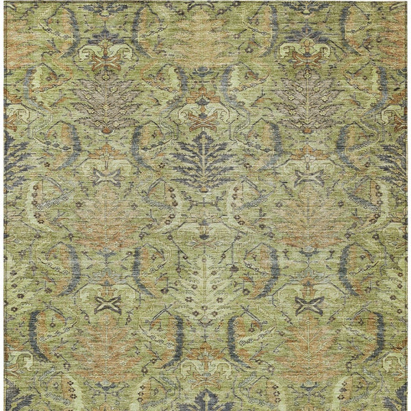 Homeroots 3' Artichoke Green Gray Tan Damask Washable Area Rug For Indoor And Outdoor Spaces, Durable Design 3' X 5' Polyester 603299