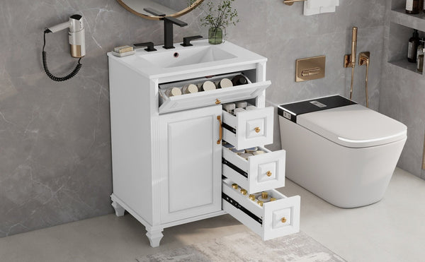 English Elm 24 Inch Freestanding Bathroom Vanity Solid Rubberwood Ceramic Sink Matte Finish Storage White N725P375626K