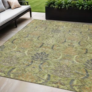 Homeroots 3' Artichoke Green Gray Tan Damask Washable Area Rug For Indoor And Outdoor Spaces, Durable Design 5' X 8' Polyester 603300