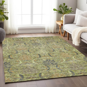 Homeroots 3' Artichoke Green Gray Tan Damask Washable Area Rug For Indoor And Outdoor Spaces, Durable Design 5' X 8' Polyester 603300