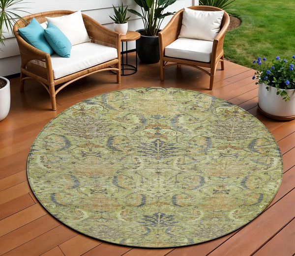 Homeroots 3' Artichoke Green Gray Tan Damask Washable Area Rug For Indoor And Outdoor Spaces, Durable Design 8' Round Polyester 603301