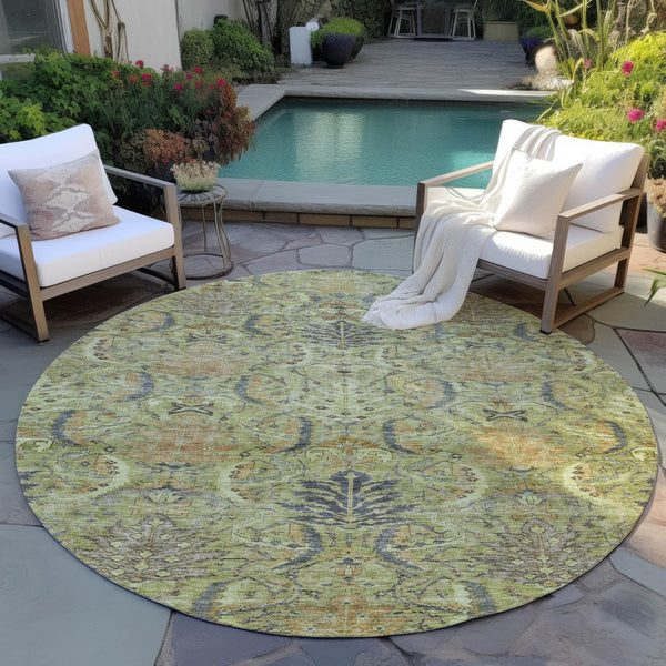 Homeroots 3' Artichoke Green Gray Tan Damask Washable Area Rug For Indoor And Outdoor Spaces, Durable Design 8' Round Polyester 603301