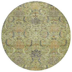HomeRoots 5' Washable Damask Area Rug in Artichoke Green, Gray, and Tan for Indoor & Outdoor Elegance 8' Round 603301