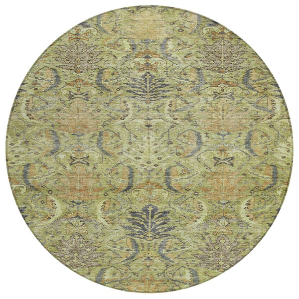 HomeRoots 5' Washable Damask Area Rug in Artichoke Green, Gray, and Tan for Indoor & Outdoor Elegance 8' Round 603301