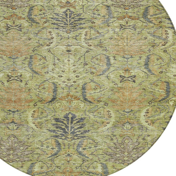 Homeroots 3' Artichoke Green Gray Tan Damask Washable Area Rug For Indoor And Outdoor Spaces, Durable Design 8' Round Polyester 603301